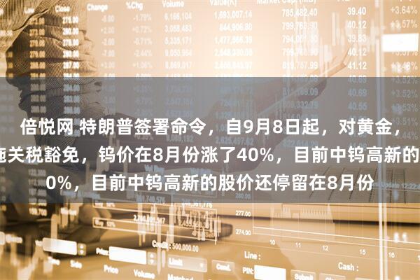 倍悦网 特朗普签署命令，自9月8日起，对黄金，石墨，钨，铀等实施关税豁免，钨价在8月份涨了40%，目前中钨高新的股价还停留在8月份